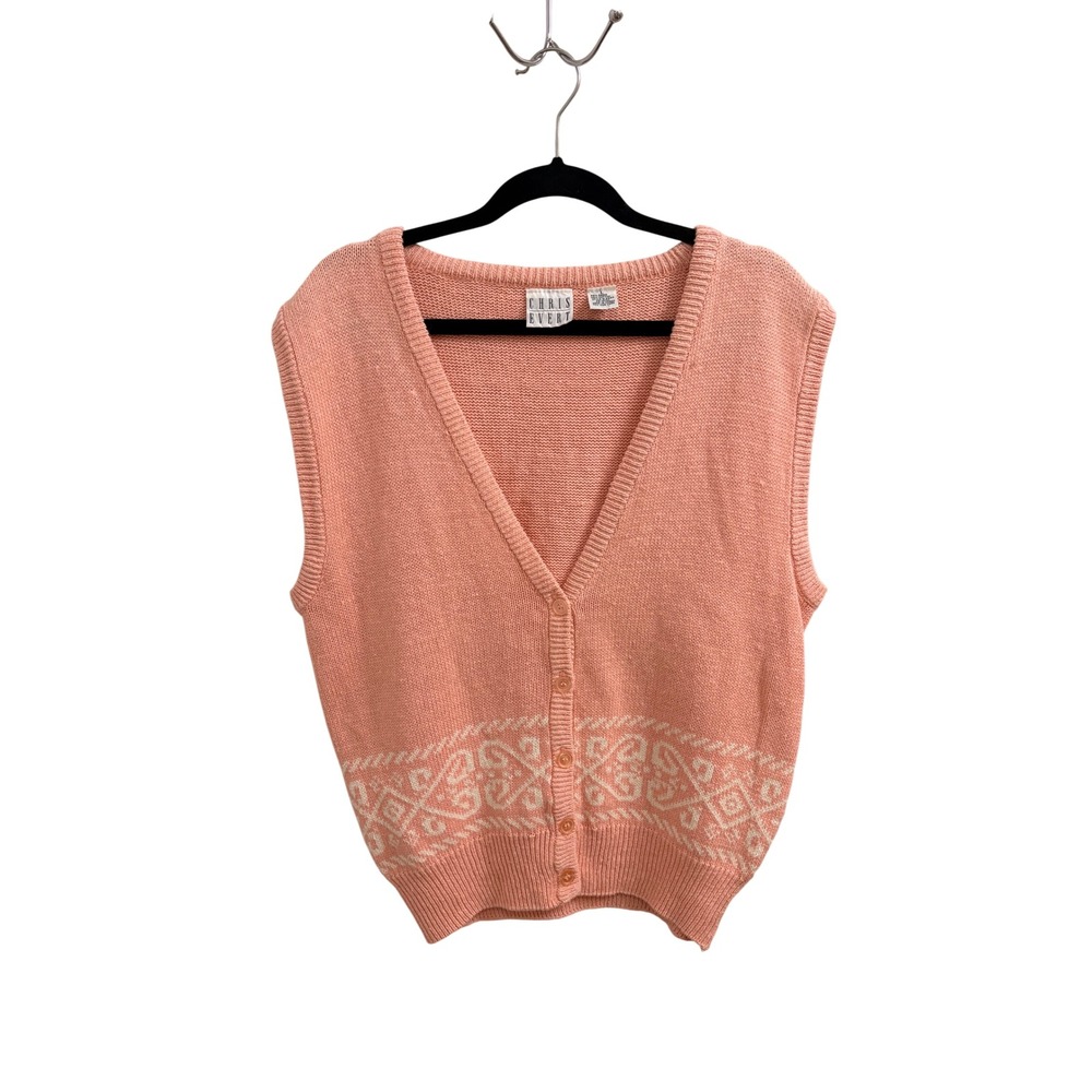 Vintage Sweater Vest Preppy Chris Evert Womens Large Pink Knit Button V-Neck 90s